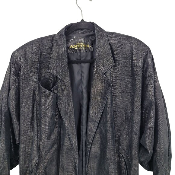 Vtg 80s Genuine Leather Jacket Sz L Black Oil Slick Textured Batwing Oversized - Picture 4 of 12